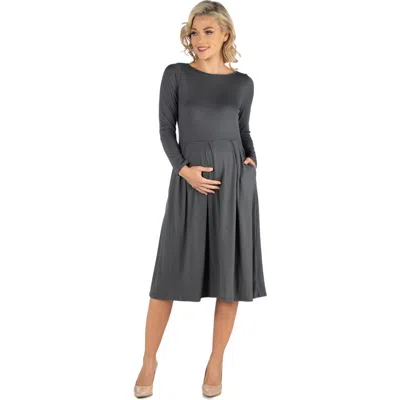 24seven Comfort Apparel Maternity Midi Length Fit And Flare Pocket Dress In Gray