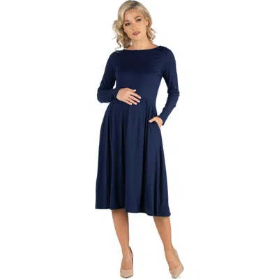 24seven Comfort Apparel Maternity Midi Length Fit And Flare Pocket Dress In Blue