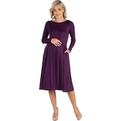 24seven Comfort Apparel Maternity Midi Length Fit And Flare Pocket Dress In Purple