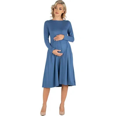 24seven Comfort Apparel Maternity Midi Length Fit And Flare Pocket Dress In Blue