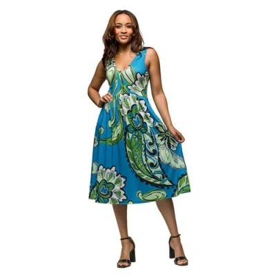 24seven Comfort Apparel Maternity Midi Length Teal Paisley Print Sleeveless Pleated Pocket Dress In Blue