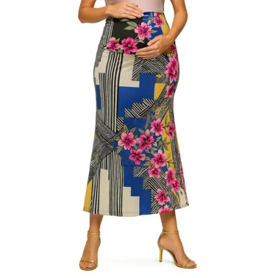 24seven Comfort Apparel Maternity Multicolor Floral Print Foldover Waist Maxi Skirt