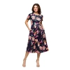 24seven Comfort Apparel Maternity Navy Floral Short Sleeve Pleated Flare Midi Pocket Dress