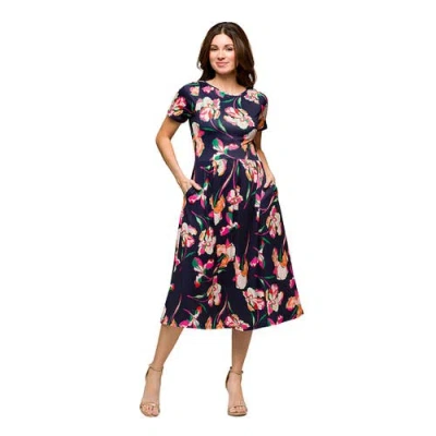 24seven Comfort Apparel Maternity Navy Floral Short Sleeve Pleated Flare Midi Pocket Dress In Navy Multi