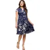 24seven Comfort Apparel Maternity Navy Print Short Sleeve Knee Length V-neck Wrap Dress In Blue