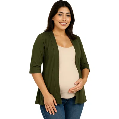24seven Comfort Apparel Maternity Open Front Elbow Length Sleeve Cardigan In Green