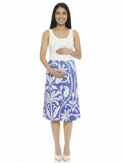 24seven Comfort Apparel Maternity Paisley Elastic Waist Knee Length A-line Skirt In Blue