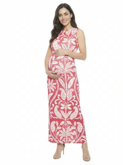 24seven Comfort Apparel Maternity Paisley Sleeveless Side Slit Bodycon A Line Maxi Dress In Pink