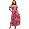 24seven Comfort Apparel Maternity Pink Paisley Cold Sholder Ruffle Sleeve A-line Maxi Dress