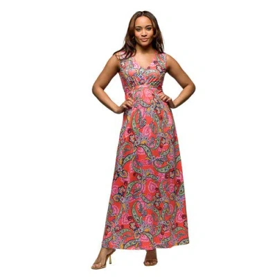 24seven Comfort Apparel Maternity Pink Paisley Print V-neck Empire Waist Sleeveless Maxi Dress
