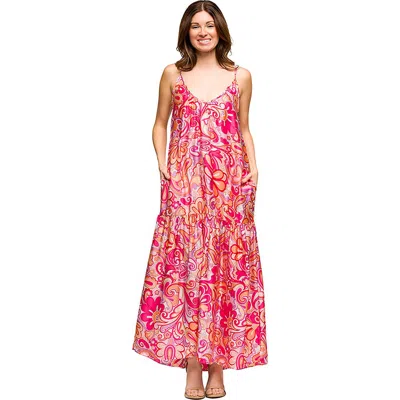 24seven Comfort Apparel Maternity Pink Print Lightweight Spaghetti Strap Pocket Maxi Dress In Multi