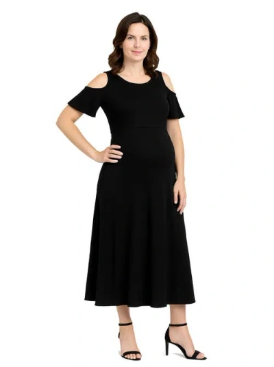 24seven Comfort Apparel Maternity Ruffle Cold Shoulder A-line Maxi Dress In Black