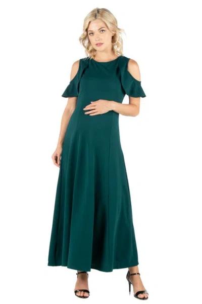 24seven Comfort Apparel Maternity Ruffle Cold Shoulder A-line Maxi Dress In Green
