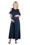 24seven Comfort Apparel Plus Size Ruffle Cold Shoulder A Line Maxi Dress In Blue
