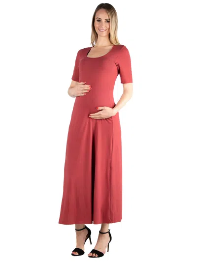 24seven Comfort Apparel Maternity Scoop Neck Elbow Sleeve A Line Maxi Dress In Red