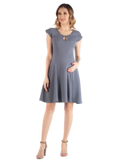 24seven Comfort Apparel Maternity Scoop Neck Keyhole Detail Cap Sleeve Soft Flare Mini Dress In Gray