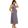 24seven Comfort Apparel Maternity Scoop Neck Sleeveless Maxi Dress With Pockets In Gray