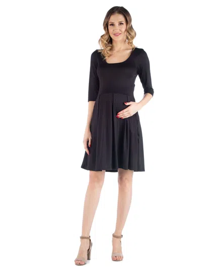 24seven Comfort Apparel Maternity Scoop Neck Three Quarter Sleeve Pleated Fit N Flare Pocket Mini Dress In Black