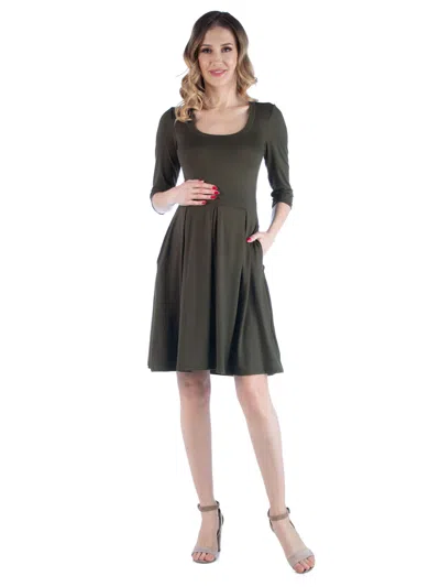 24seven Comfort Apparel Maternity Scoop Neck Three Quarter Sleeve Pleated Fit N Flare Pocket Mini Dress In Green