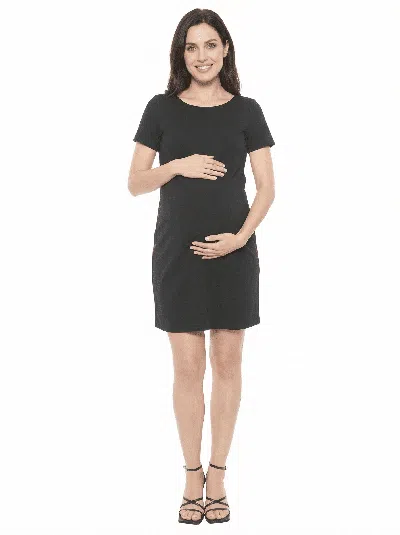24seven Comfort Apparel Maternity Short Sleeve Round Neck Mini Shift Dress In Black