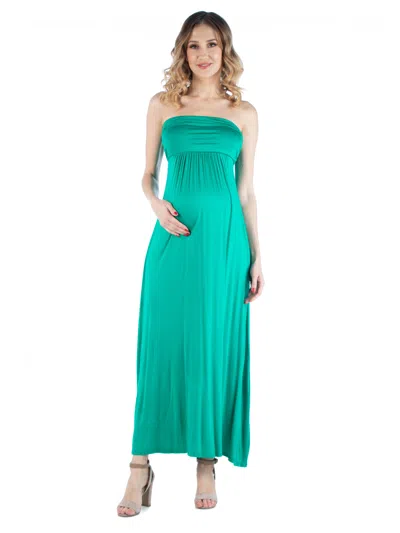 24seven Comfort Apparel Maternity Strapless Empire Waist Ruched Detail Pleated Maxi Dress In Green