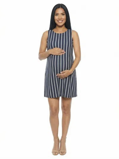 24seven Comfort Apparel Maternity Striped Round Neck Sleeveless A Line Mini Shift Dress In Blue