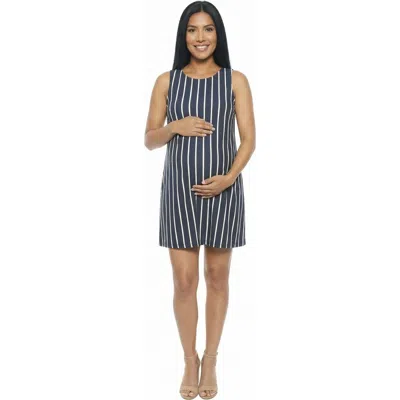 24seven Comfort Apparel Maternity Striped Round Neck Sleeveless A-line Mini Shift Dress In Blue