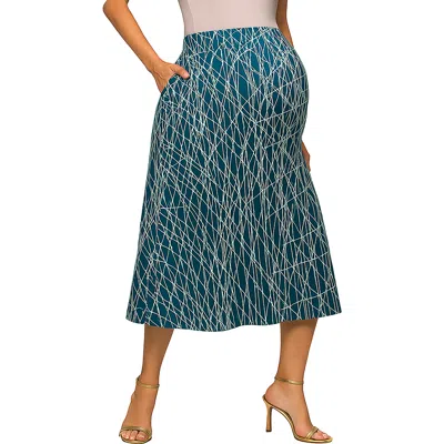 24seven Comfort Apparel Maternity Teal Geometric Print Elastic Waist Pocket Midi Skirt