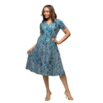 24seven Comfort Apparel Maternity Teal Print Short Sleeve Tie Waist Midi Dress
