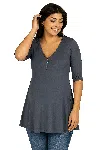 24seven Comfort Apparel Maternity V Neck Elbow Sleeve Flared Henley Style Tunic Top In Gray