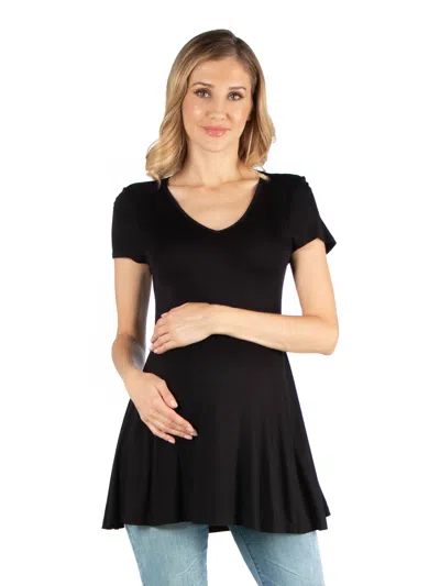 24seven Comfort Apparel Maternity V Neck Short Sleeve Swing Tunic Top In Black