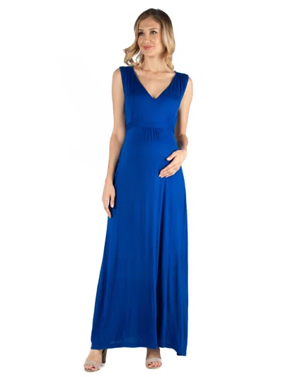 24seven Comfort Apparel Maternity V Neck Sleeveless Empire Waist Belted Maxi Dress In Blue