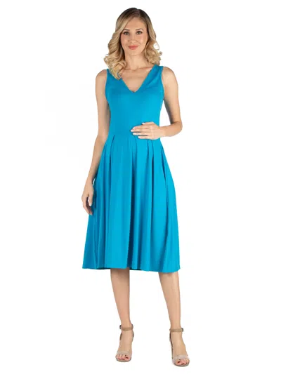 24seven Comfort Apparel Maternity V Neck Sleeveless Fit N Flare Pocket Midi Dress In Blue