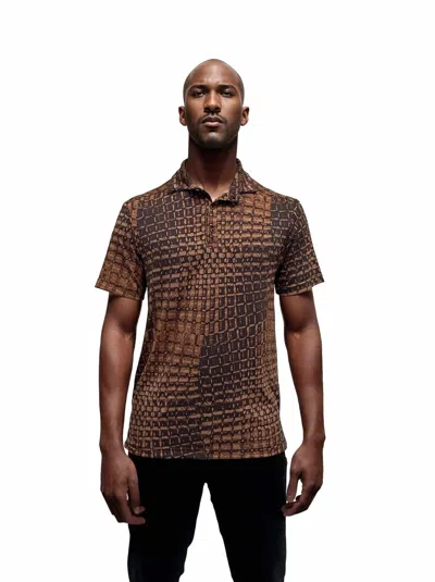 24seven Comfort Apparel Mens Wrinkle Resistant 3 Button Machine Washable Alligator Print Polo Shirt In Brown