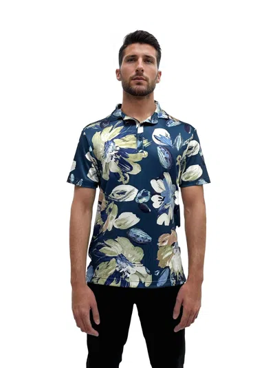 24seven Comfort Apparel Mens Wrinkle Resistant 3 Button Machine Washable Blue Floral Polo Shirt