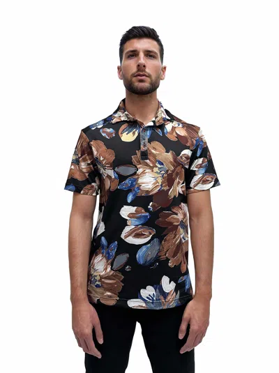 24seven Comfort Apparel Mens Wrinkle Resistant 3 Button Machine Washable Brown Floral Polo Shirt In Multi