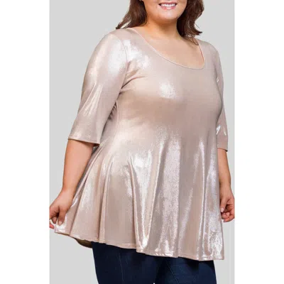 24seven Comfort Apparel Plus Size Metallic Scoop Neck Flared Tunic Top In Gold