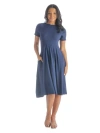 24seven Comfort Apparel Midi Dress With Short Sleeves And Pocket Detail In Blue