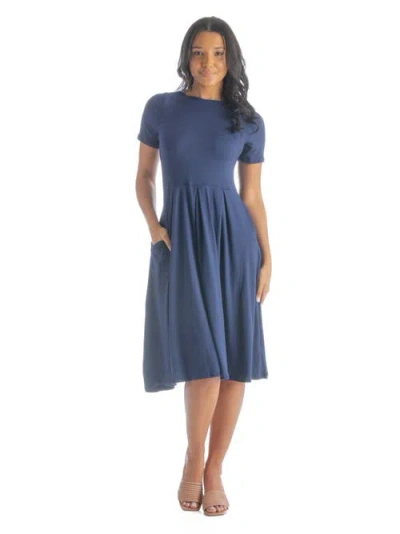 24seven Comfort Apparel Midi Dress With Short Sleeves And Pocket Detail In Blue