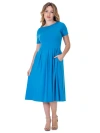 24seven Comfort Apparel Midi Dress With Short Sleeves And Pocket Detail In Blue