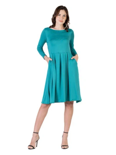 24seven Comfort Apparel Midi Length Fit N Flare Pocket Dress In Green