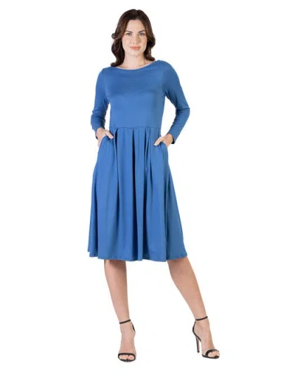 24seven Comfort Apparel Midi Length Fit N Flare Pocket Dress In Blue