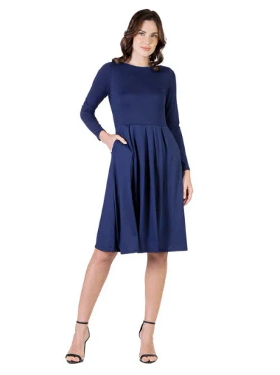 24seven Comfort Apparel Midi Length Fit N Flare Pocket Dress In Blue