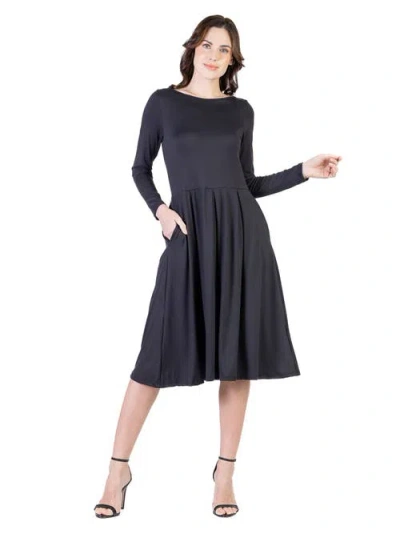 24seven Comfort Apparel Midi Length Fit N Flare Pocket Dress In Black