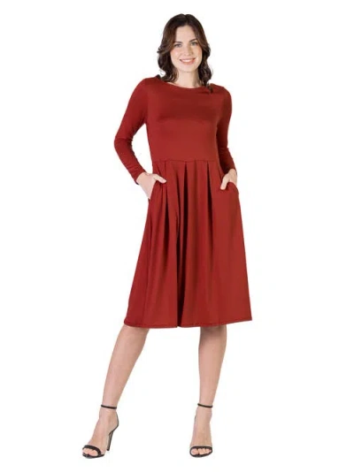 24seven Comfort Apparel Midi Length Fit N Flare Pocket Dress In Red