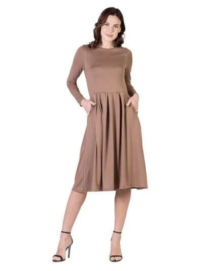 24seven Comfort Apparel Midi Length Fit N Flare Pocket Dress In Neutral