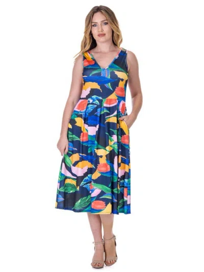24SEVEN COMFORT APPAREL 24SEVEN COMFORT APPAREL MIDI LENGTH MULTICOLOR SLEEVELESS PLEATED POCKET DRESS