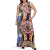 24seven Comfort Apparel Plus Size Print Sleeveless Side Slit Maxi Dress In Pink Multi