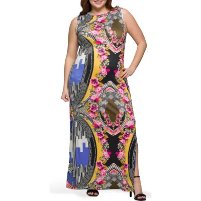 24SEVEN COMFORT APPAREL 24SEVEN COMFORT APPAREL MIX PRINT SLEEVELESS MAXI DRESS