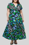 24seven Comfort Apparel Plus Size V-neck Empire Waist Cap Sleeve Maxi Dress In Green Multi